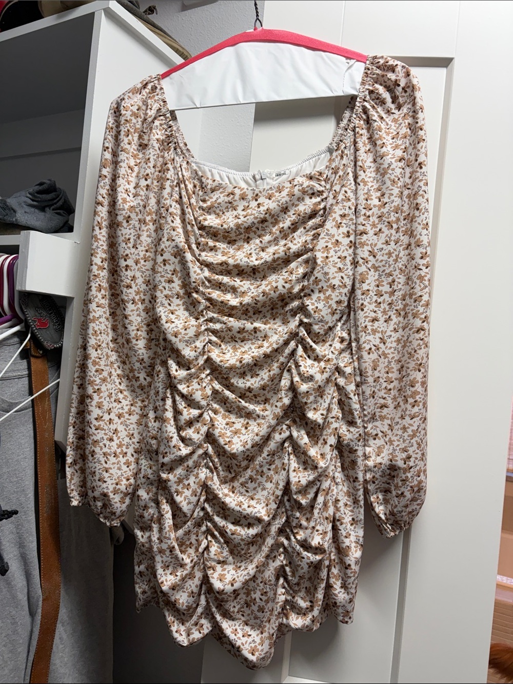 SHEIN Cream Floral Ruched Long Sleeve Mini Dress